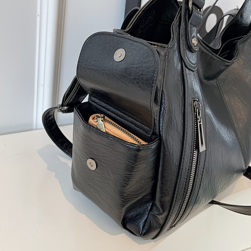 Vintage Chic Large Capacity PU Leather Shoulder Tote Bag - Stylish Women's Crossbody Bag with Maillard Finish, Multiple Pockets, and Adjustable Strap - Black and Coffee Color Options