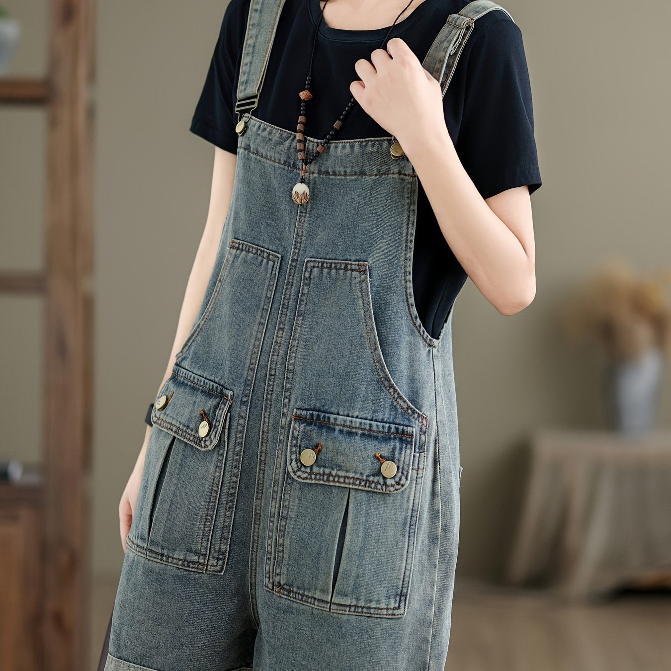 Plain Washed Blue Flap Pocket Adjustable Strap Retro Style Roll Up Hem Denim Overalls Shortalls Dungarees, Women's Denim Jeans & Clothing