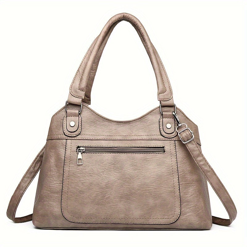 Women's Large Capacity Tote Bag, Vintage Style, Waterproof and Theft-Proof, Solid Color, Casual Versatile Handbag with Adjustable Strap, Zipper Closure, Polyester Lining, Faux Leather, No Print, No Edge Oil, Black