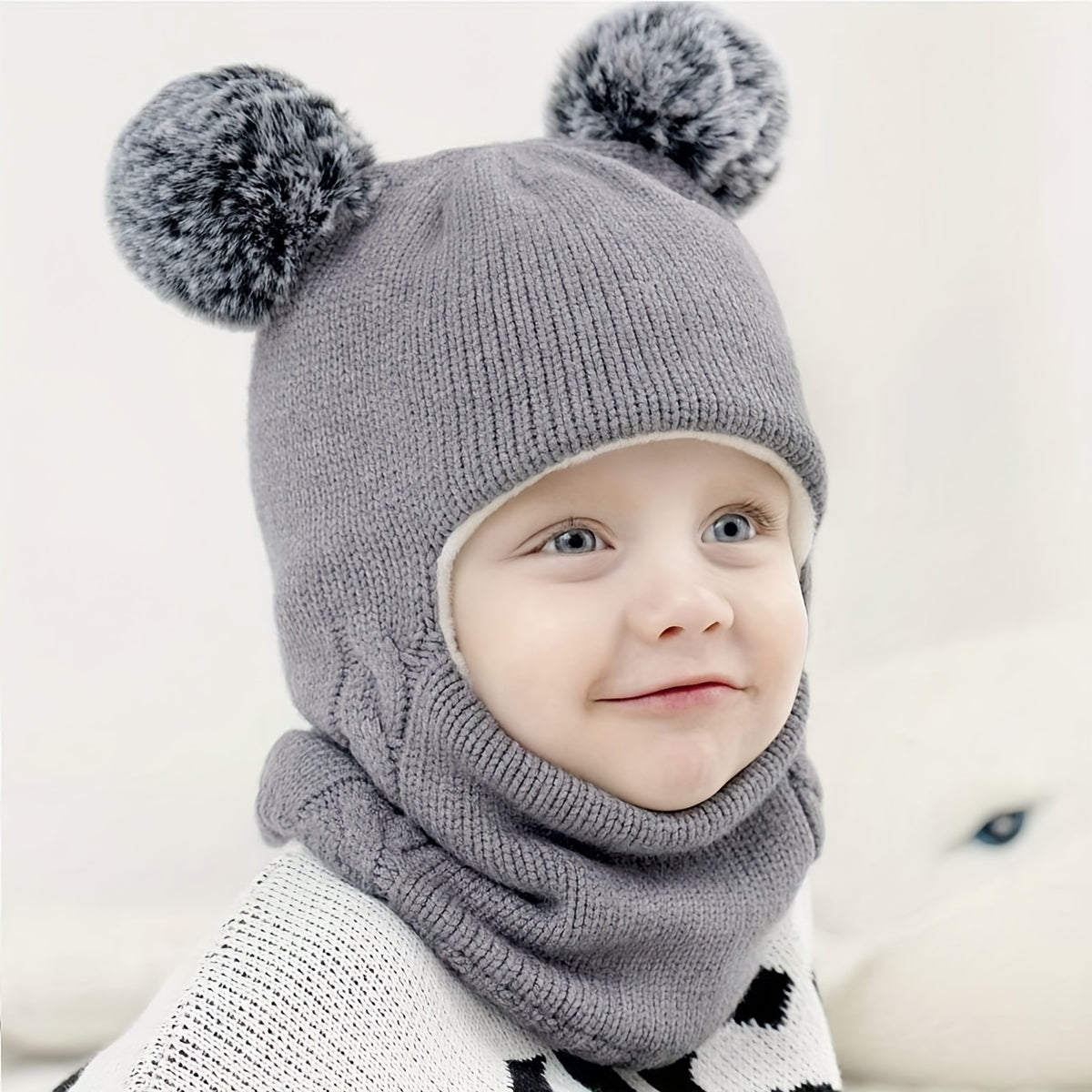 1pc Toddler Winter Beanie Hat Scarf, Kids Winter Warm Knit Hat With Pom, Children Soft Warm Beanie For Little Boys Girls Caps