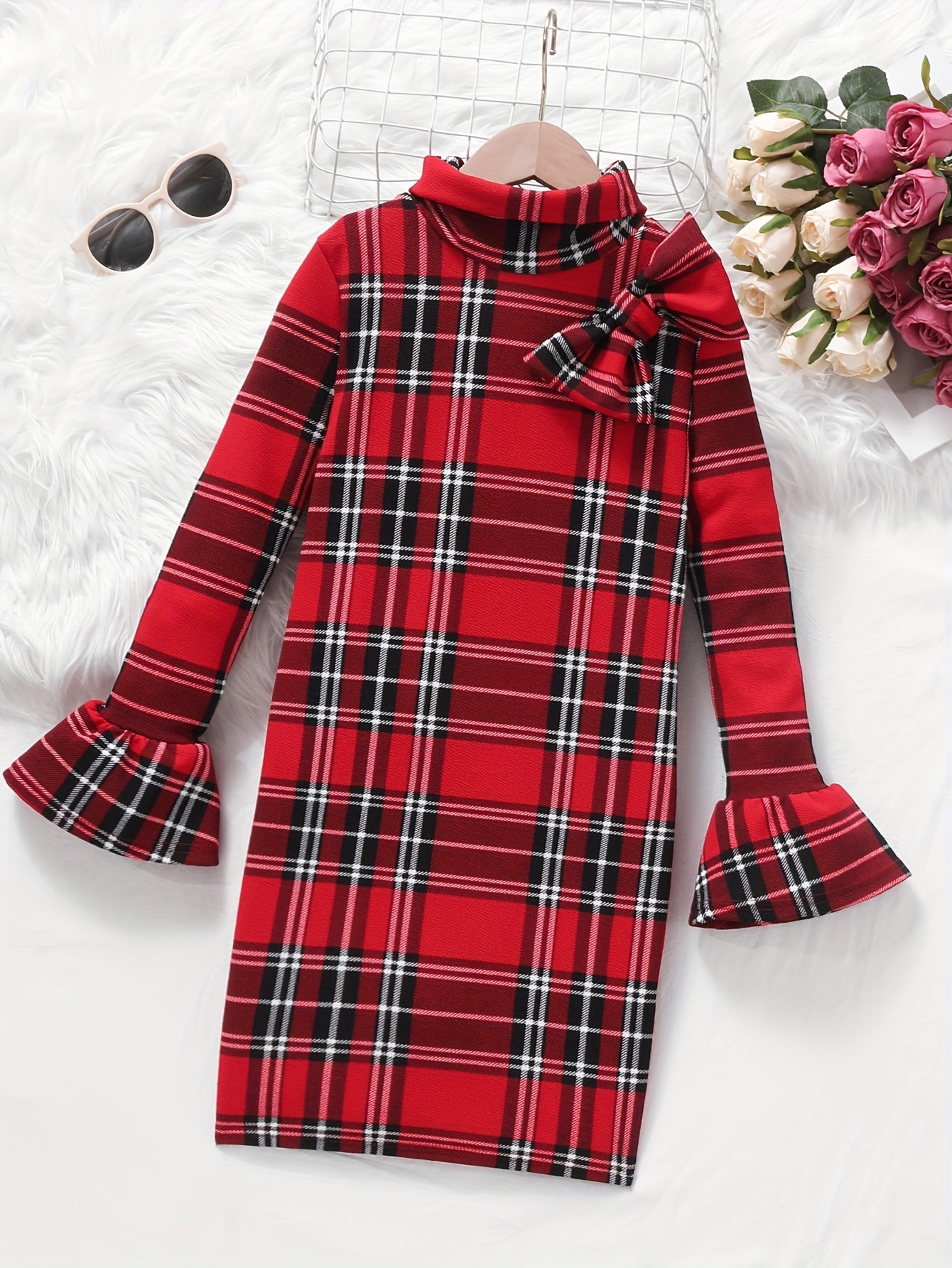 Charming Classic Plaid Long Sleeve Bow Decor Dress for Girls - Vintage-Inspired, Soft and Cozy, Perfect for Spring, Fall, Winter, and Christmas Gift Ideas