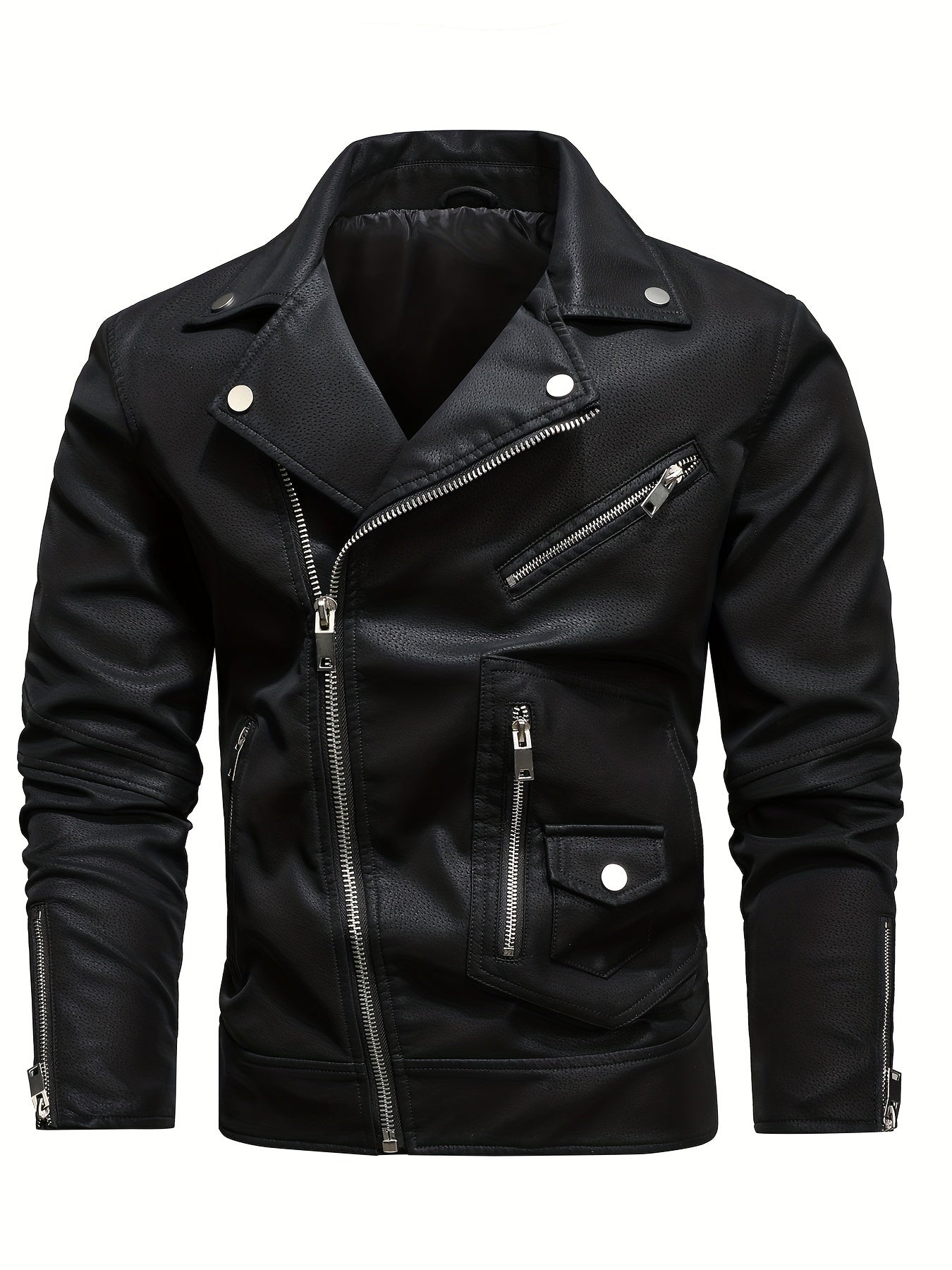 Mens Long Sleeve Lapel Thermal PU Leather Jacket with Zipper Pocket - Water-Resistant, Windproof, and Warm for Fall and Winter Outdoor Activities - Perfect for Casual Weekend Getaways and Going Out