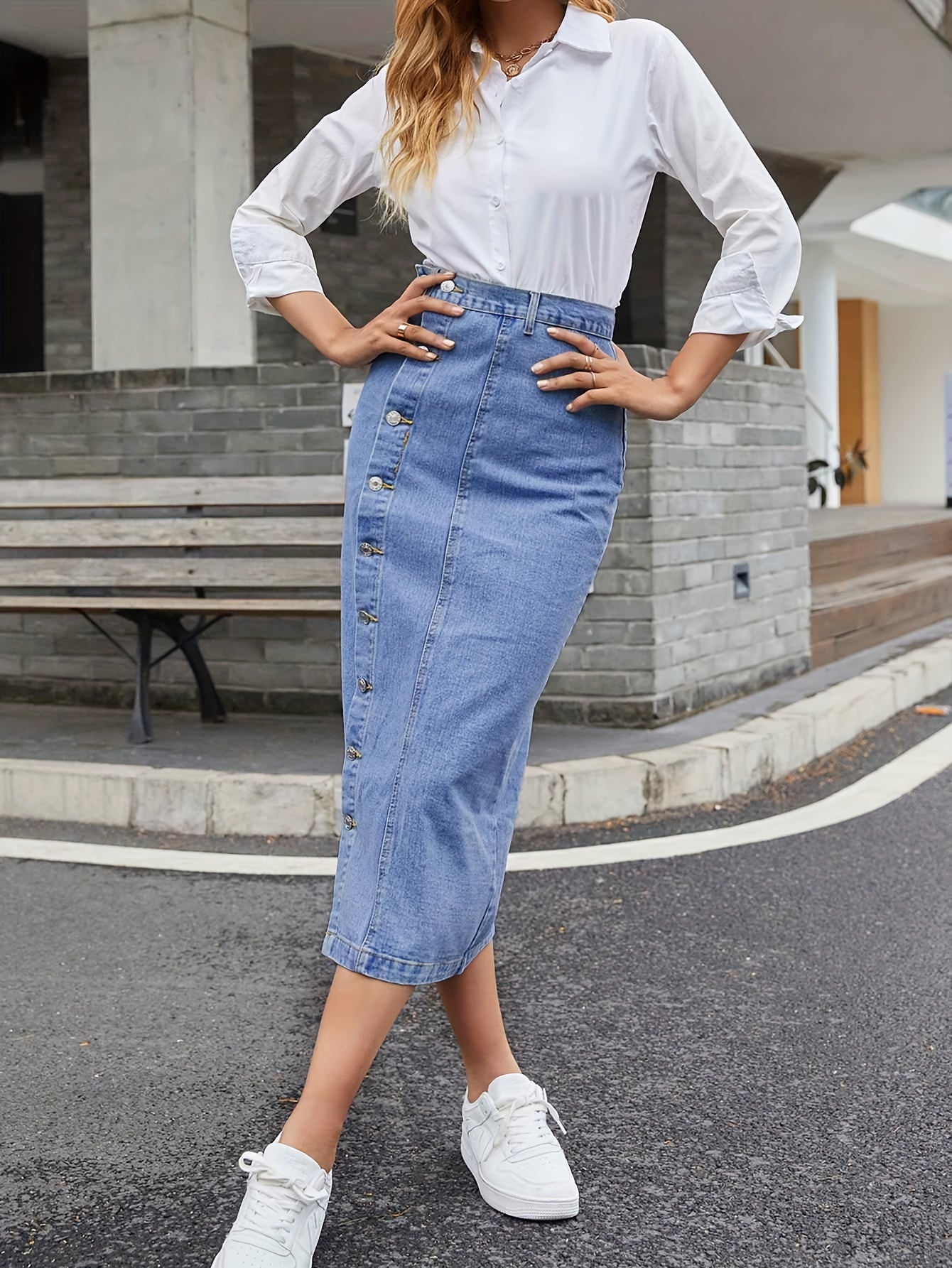 High-Waist Bohemian Denim Skirt with Button Details | Flattering, Versatile & Easy-Care | Perfect for Spring-Summer-Fall