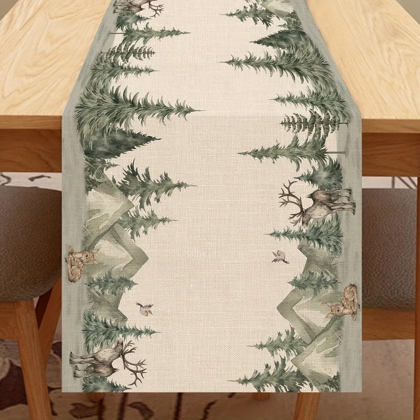 Winter Forest Reindeer and Pine Tree Table Runner, Christmas Moose Watercolor Sparrow Kitchen Decor, Seasonal Woodland Holiday Farmhouse Burlap Look Dining Room Decoration, Woven Polyester Rectangular Table Runner with Solid Color Pattern for Christmas Fe