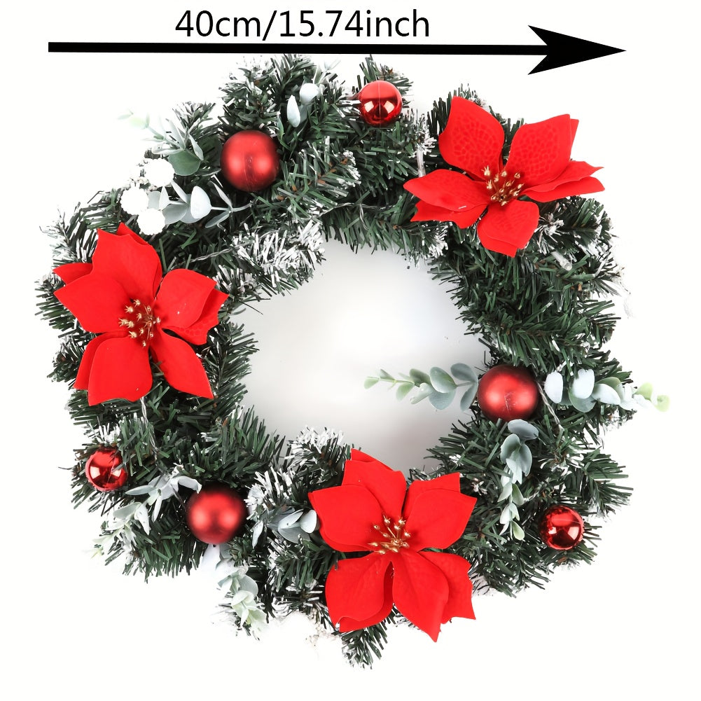 15.7 Inch Christmas Wreath Door Wall Ornament Artificial Wreath, Green Rattan With Red Flower And Ball Decorations And Battery Operated LED Lights For Home Stairs Fireplace Front Porch Door Display Indoor Outdoor Christmas Party Decor