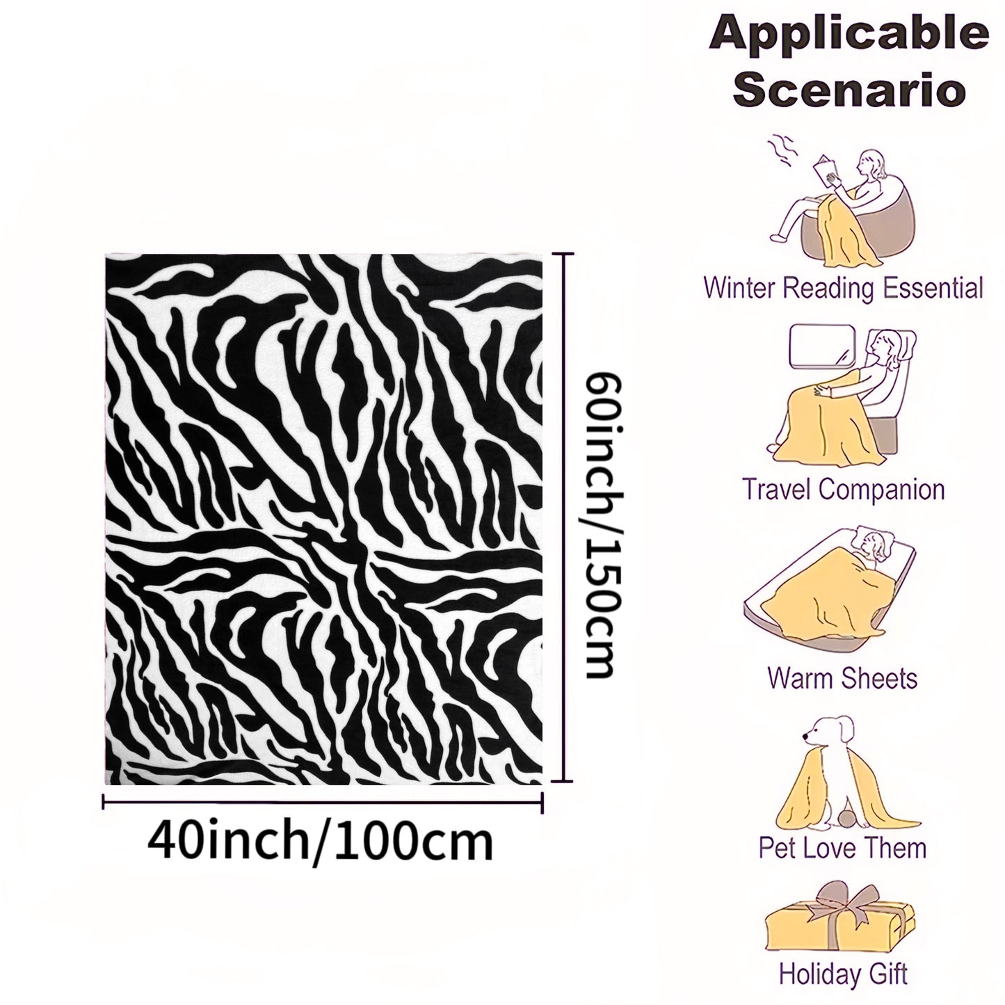1pc Zebra Pattern Printed Flannel Blanket, Cozy Soft Throw Blanket For Couch Bed Sofa Camping Travelling, Multi-purpose All Season Blanket Gift For Adults, Christmas Birthday Gift