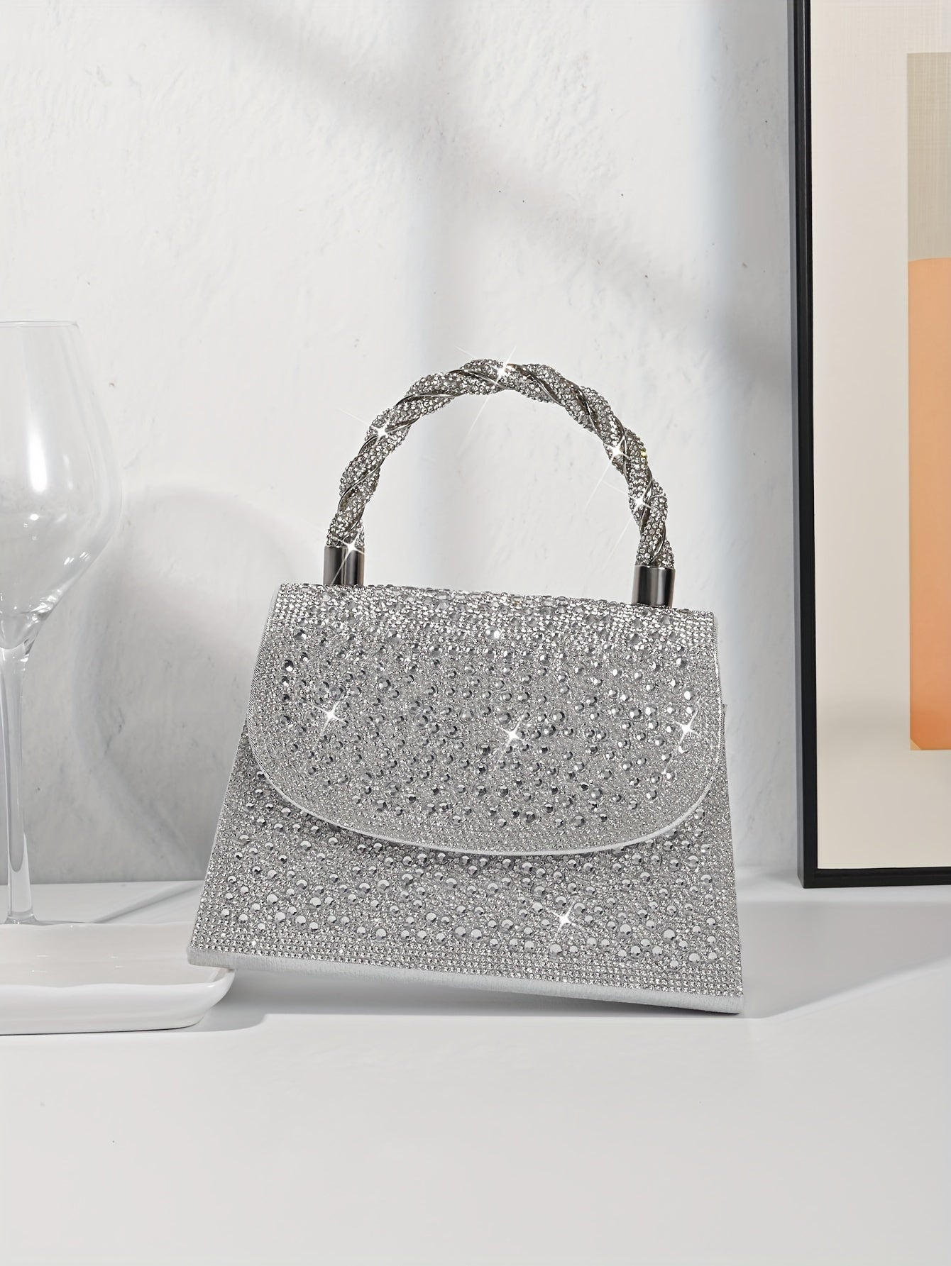 Mini Glitter Rhinestone Satchel Dinner Bag - Shiny Silvery Magnetic Closure Party Flap Handbag with Polyester Lining for Women - Solid Color, Decorative, Sparkling, and Elegant Accessory for Special Occasions