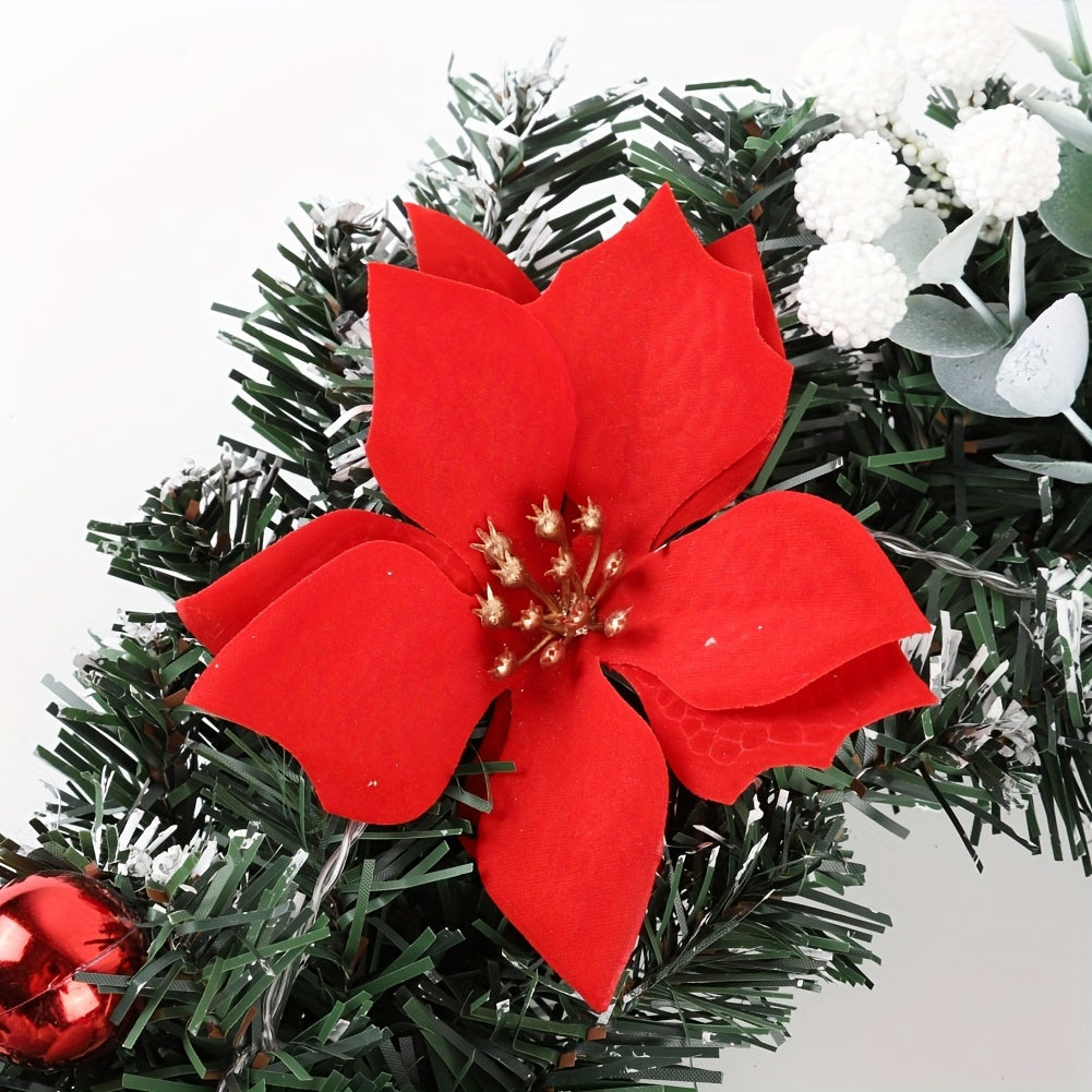 15.7 Inch Christmas Wreath Door Wall Ornament Artificial Wreath, Green Rattan With Red Flower And Ball Decorations And Battery Operated LED Lights For Home Stairs Fireplace Front Porch Door Display Indoor Outdoor Christmas Party Decor