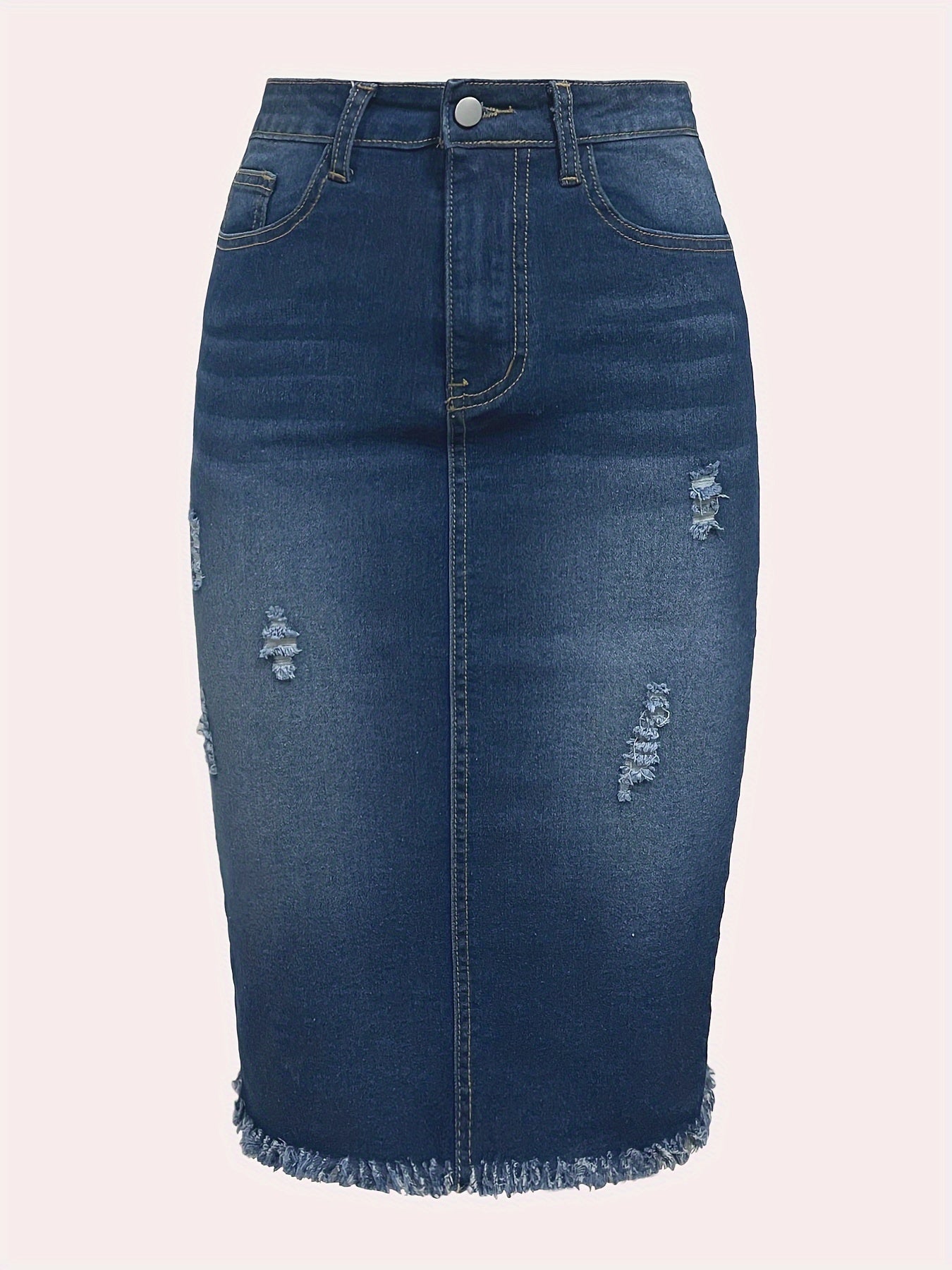 Chic Knee-Length Blue Denim Skirt for Women - Frayed Hem, Ripped Detail, Casual Streetwear Staple for Everyday Fashion
