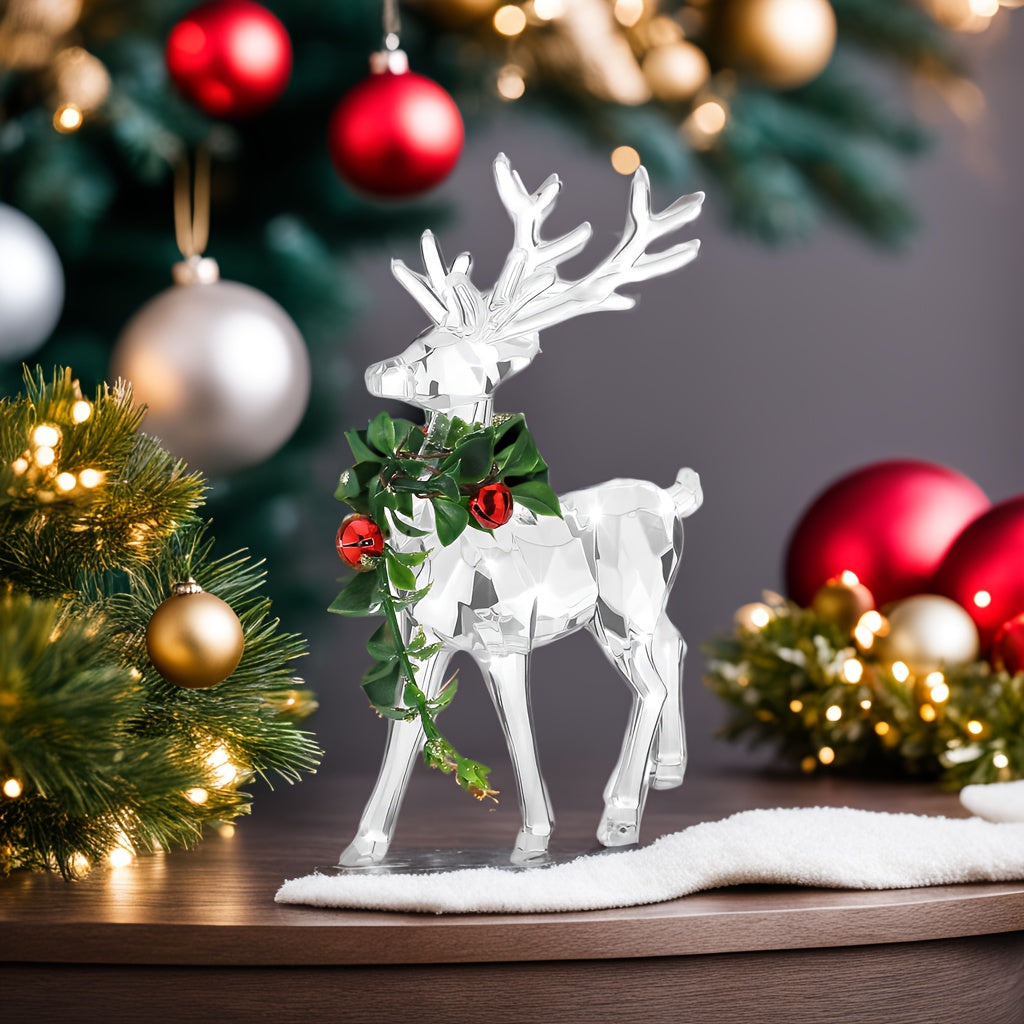 2pcs Vibrant Acrylic Reindeer Ornaments - Clear Deer Figurines with Red Bells, Sparkling Tabletop Decorations for Holiday Table Centerpiece, Christmas Decor, Festive Home Decorations, Indoor Decor