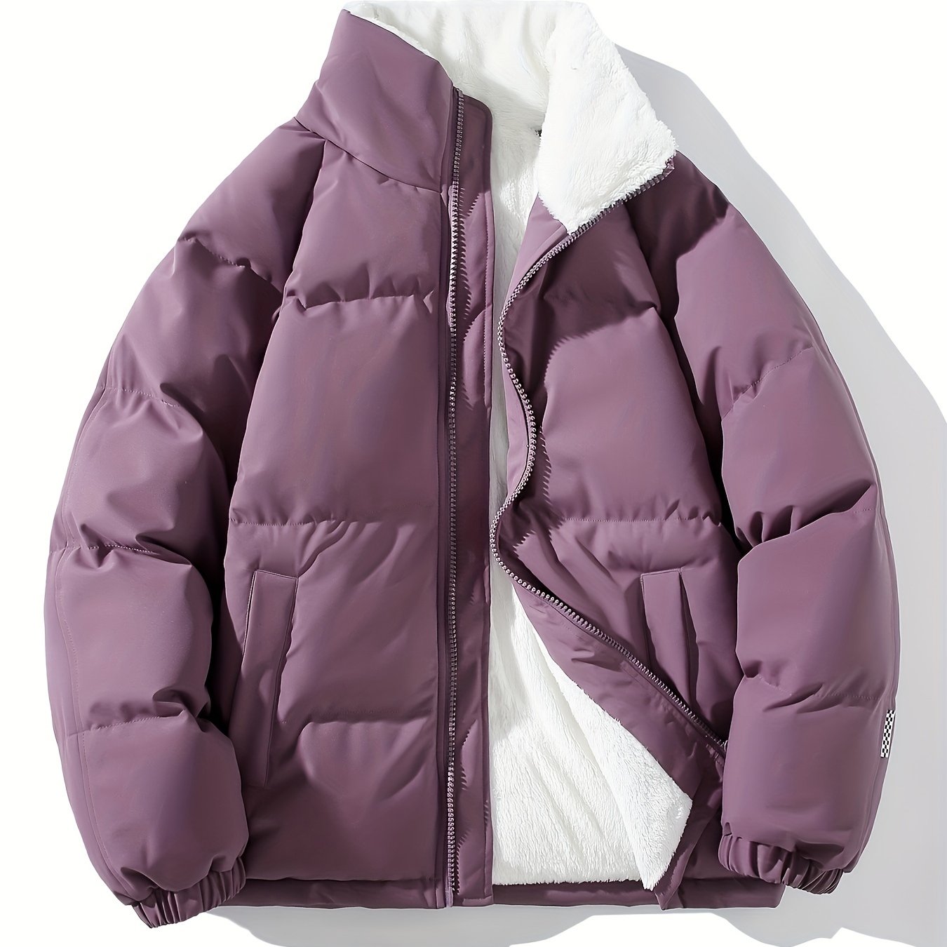 Men's Solid Puffer Coat With Pockets, Casual Breathable Stand Collar Zip Up Long Sleeve Fleece Warm Coat For Winter Outdoor Activities