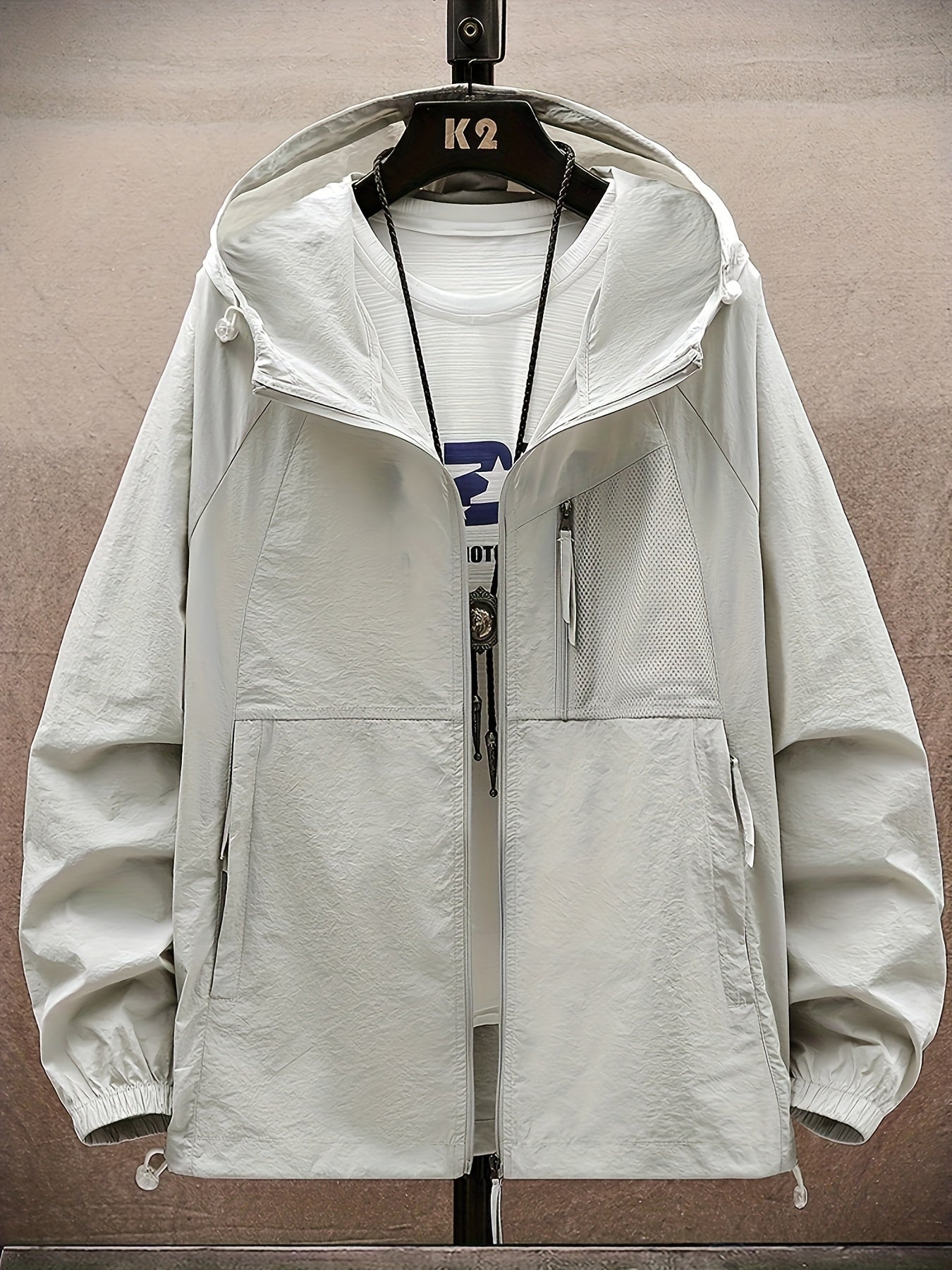 Men's Solid Color Hooded Long Sleeve Zipper Down Sun Protection Jacket With Pockets, Lightweight And Comfy Jacket Suitable For Outdoors Wear