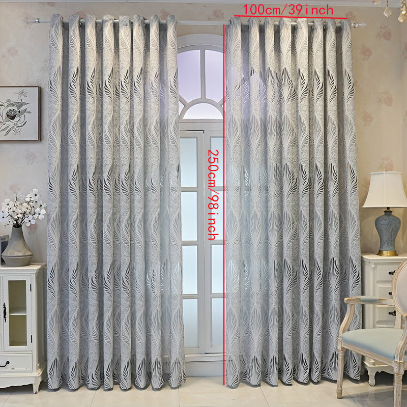 1pc European-Inspired Vintage Grey Hollow Feather Leaf Jacquard Woven Semi-Sheer Unlined Curtain with Grommet Top - Adds Elegance and Privacy to Your Living Room, Bedroom, Office, or Kitchen - Artsy, All-Season, Uncorded, and Easy to Hang