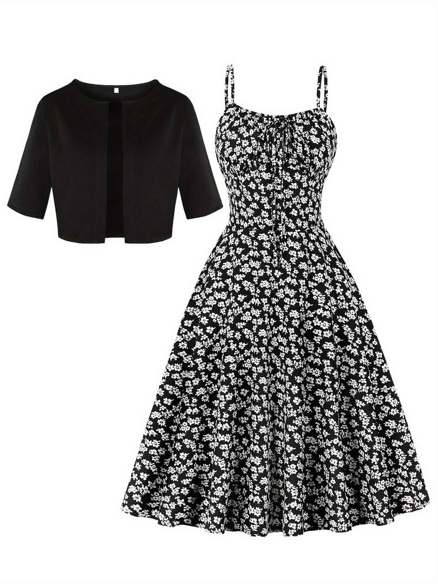 VAKKV Spring & Summer Chic Dress Set - Vibrant Floral Print Spaghetti Strap Dress with Solid Color Open Front Outerwear, Perfect for Womens Clothing, Ideal for Outdoor Activities in Spring & Summer Seasons