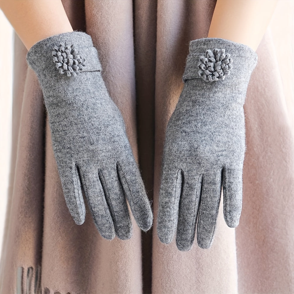 Simple Daisy Flower Decor Gloves Elegant Solid Color Warm Touchscreen Gloves Autumn Winter Coldproof Riding Gloves