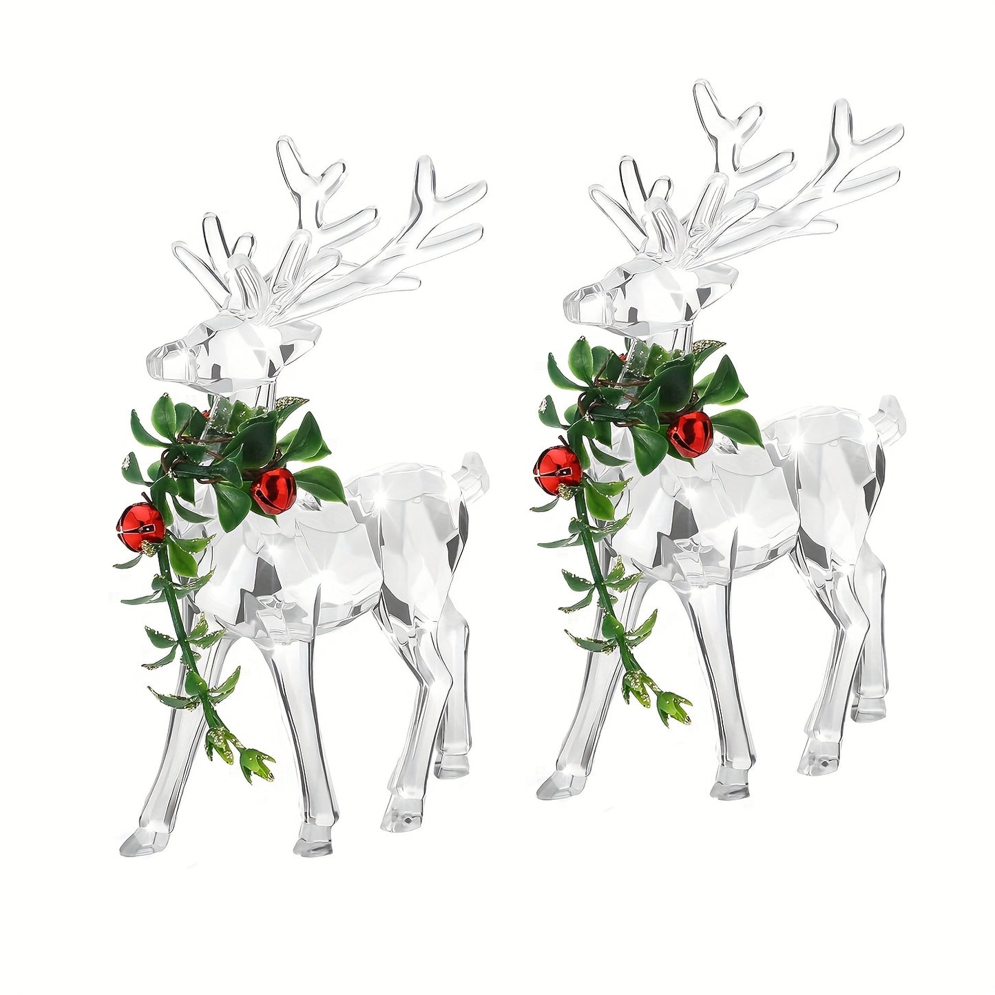 2pcs Vibrant Acrylic Reindeer Ornaments - Clear Deer Figurines with Red Bells, Sparkling Tabletop Decorations for Holiday Table Centerpiece, Christmas Decor, Festive Home Decorations, Indoor Decor