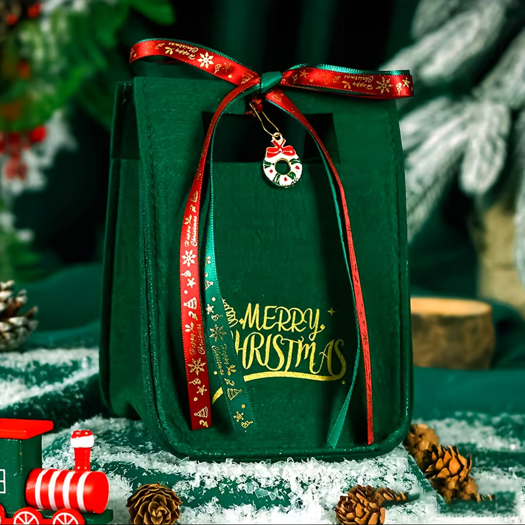 Rustic Christmas Candy Gift Felt Tote Bag for Women, Vintage Style, Non-Washable, Solid Color, Red & Green, No Lining, Cartoon Print, with Fixed Straps and Snap Closure, No Embellishments