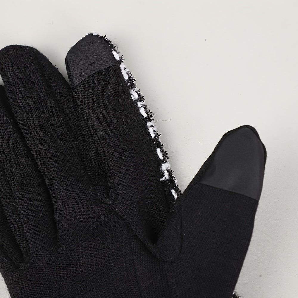 Stylish Houndstooth Touch Screen Gloves - Warm, Non-Elastic, Full Finger Polyester Woven Gloves with Faux Fur Cuffs, Perfect for Weekend Casual Use, Cold Weather, and Outdoor Activities