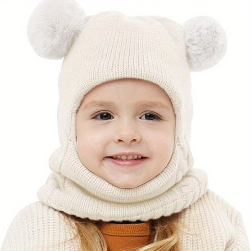1pc Toddler Winter Beanie Hat Scarf, Kids Winter Warm Knit Hat With Pom, Children Soft Warm Beanie For Little Boys Girls Caps