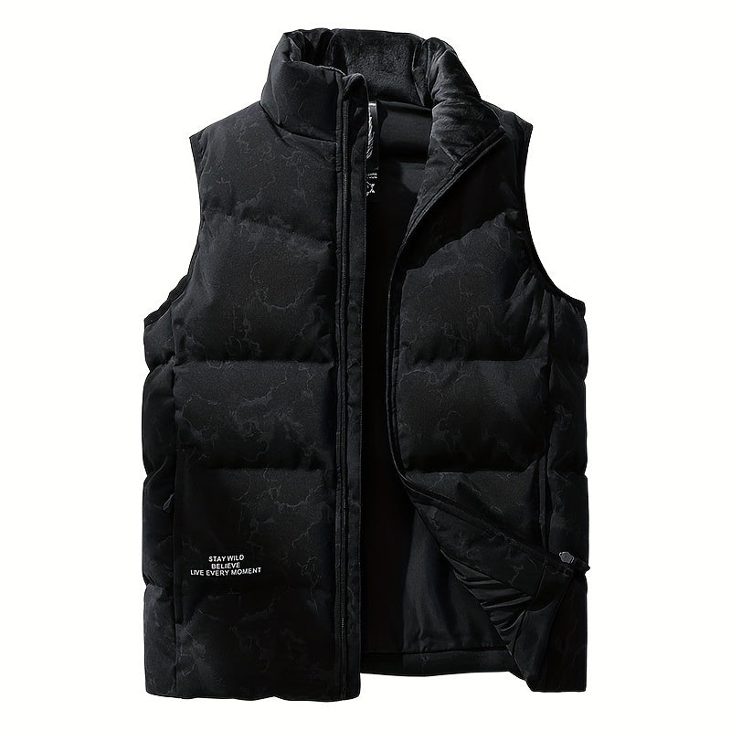Men's Stylish Solid Sleeveless Down Jacket With Pockets, Casual Breathable Fleece Stand Collar Zip Up Warm Tank Top For City Walk Street Hanging Winter Outdoor Activities