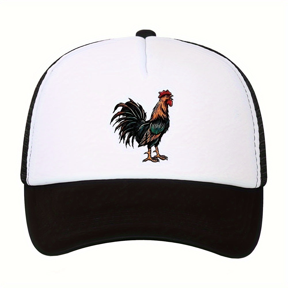 Retro Rooster Print Curved Brim Baseball Cap - Breathable Mesh Trucker Hat with Snapback Closure, Perfect for Casual Leisure Outdoor Sports, Unisex Fashion Accessory for Summer, Spring, and Fall