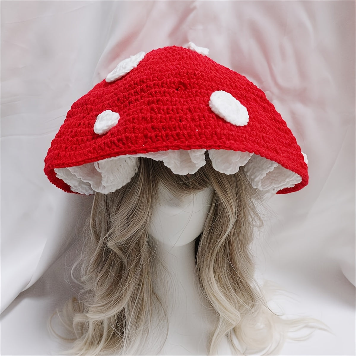 Large Oversized Red Mushroom Cartoon Beret Hat - Soft Lightweight Acrylic Elastic Drawstring Cap with Random Anime Print for Womens Daily Use - Perfect for Christmas Gift