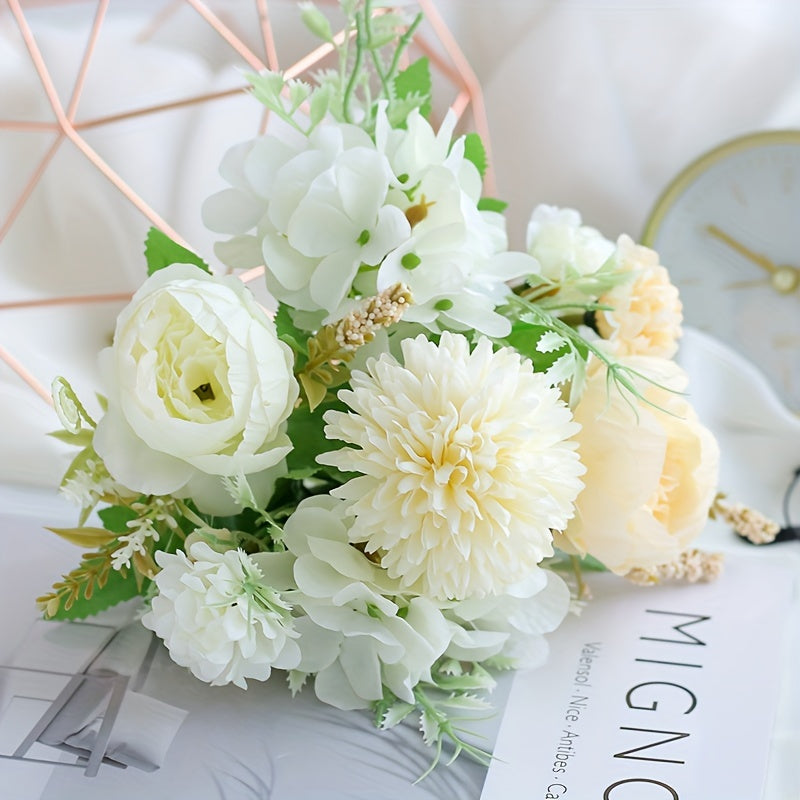 4pcs Silk Peony & Hydrangea Bouquets - Realistic Artificial Flowers for Wedding Decor, Table Centerpieces & Home Garden