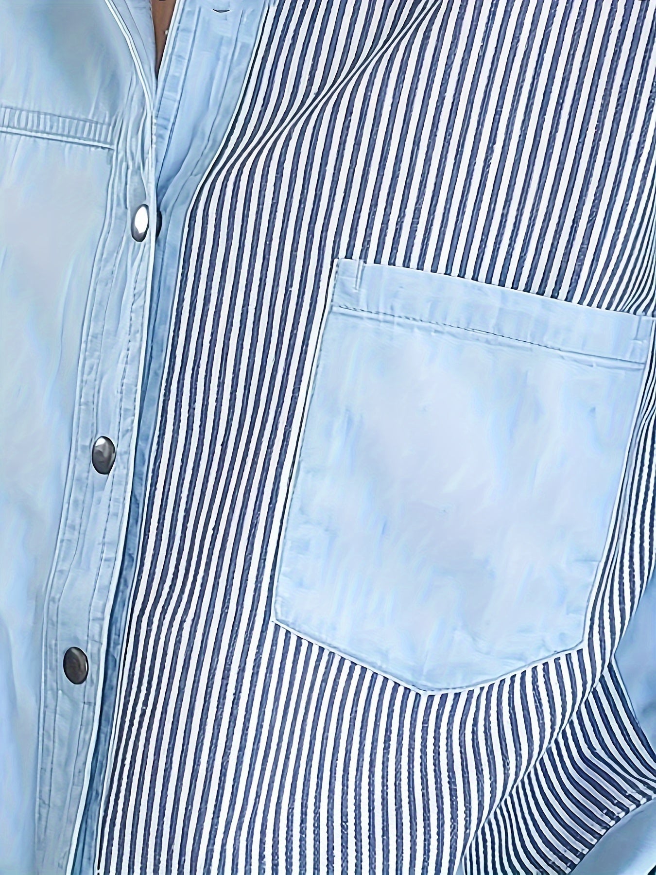 Long Sleeve Relaxed Fit Womens Denim Shirt Top - Soft Non-Stretch Fabric, Casual Polo Style, Color Block Patchwork Blue with Striped Details, Spring/Summer Collection, Button Front, Woven Construction