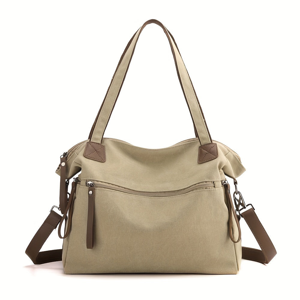 Large Capacity Vintage Style Canvas Tote Bag for Women - Adjustable Strap, Zipper Closure, Polyester Lined, Versatile for Work, Commuting, and Travel