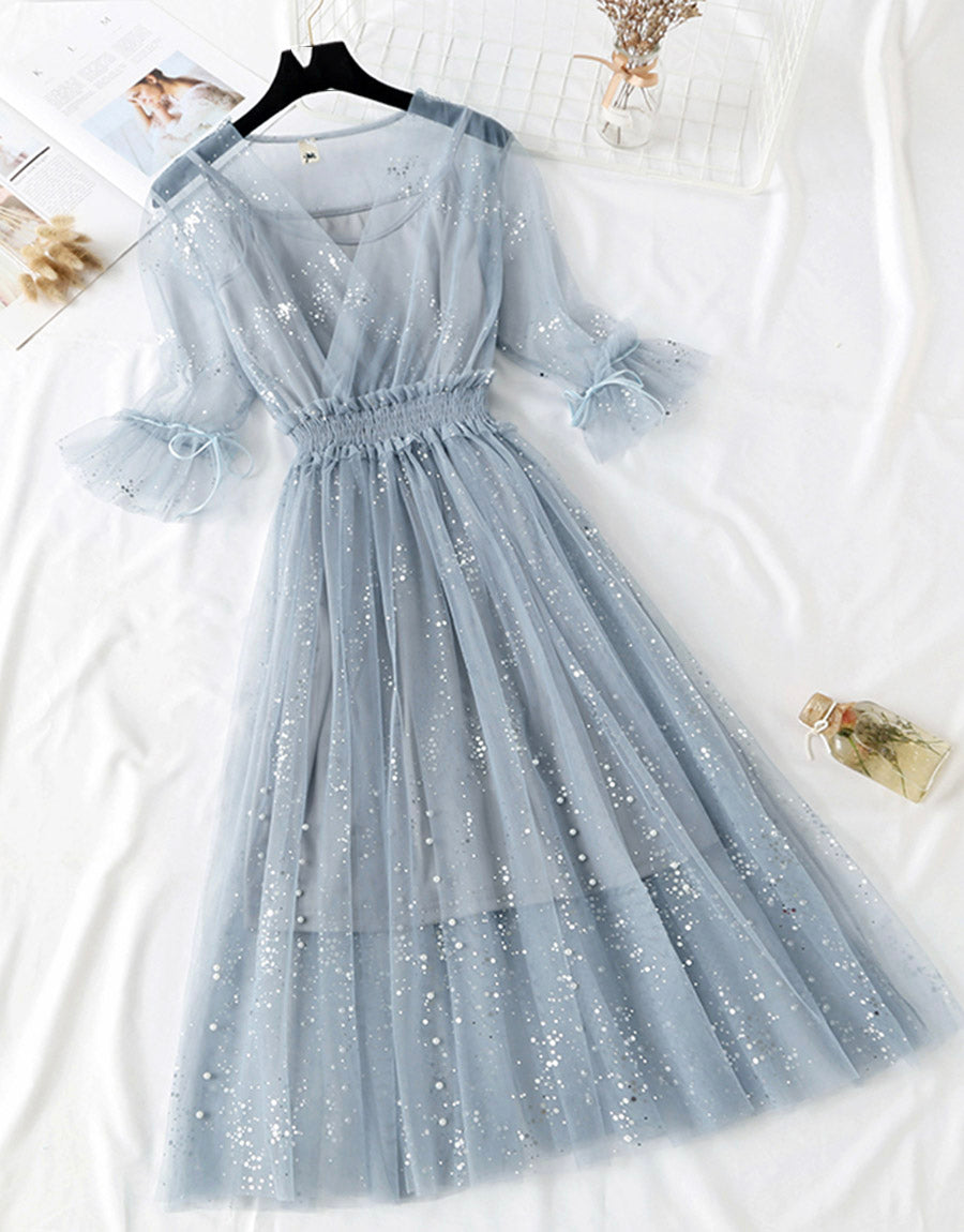 VAKKV A Line Two Pieces Tulle Dress With Sequins P336