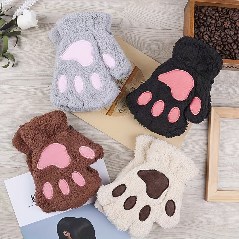 2 Pairs of Adorable Cartoon Cat Paw Plush Half Finger Gloves - Warm, Thickened, Exposed Fingers, Bear Paw Design for Men and Women in Winter - Perfect for Cute Girls in Europe and America