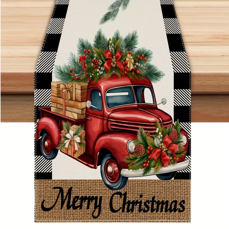 Yuletide Bliss, Merry Christmas Table Runner - Buffalo Plaid with Truck & Tree Design, Polyester, Perfect for Holiday Dining Decor, 13" x 72