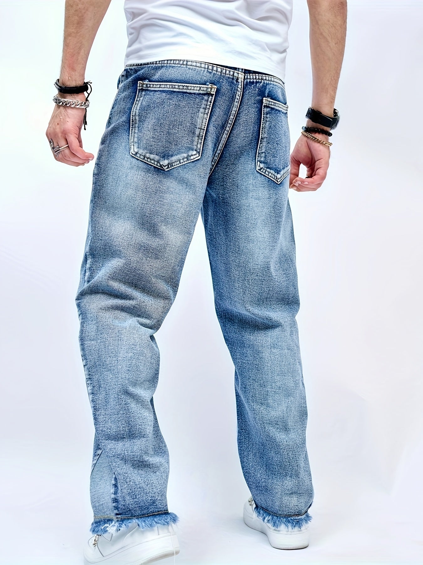 Stylish Spliced Straight Leg Jeans - Men's Fashionable Loose Fit Casual Pants with Personalized Touch - Versatile, Comfortable, and Trendy