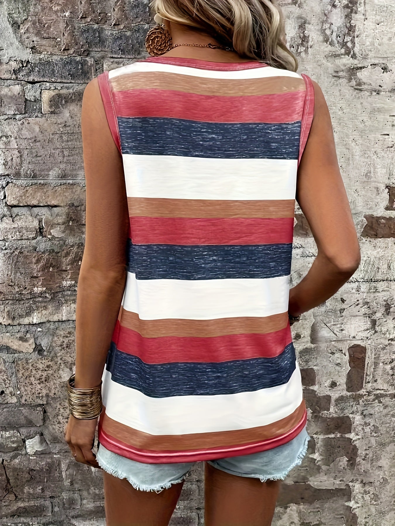 Vibrant Striped Crew Neck Tank Top - Soft Micro Elasticity Polyester Fabric, Elegant Knit Sleeveless Design, Random Printed, Perfect for Summer - Womens Casual Wear