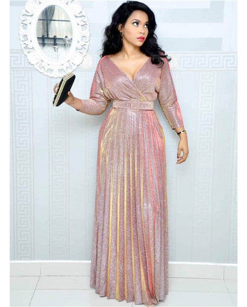 2025 spring New Popularan, 2025n and African women's fashion long-sleeved bronzing pleated pendulum skirt with belt bright pink dress