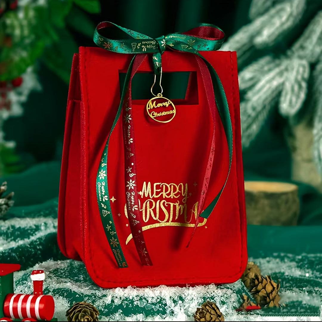 Rustic Christmas Candy Gift Felt Tote Bag for Women, Vintage Style, Non-Washable, Solid Color, Red & Green, No Lining, Cartoon Print, with Fixed Straps and Snap Closure, No Embellishments