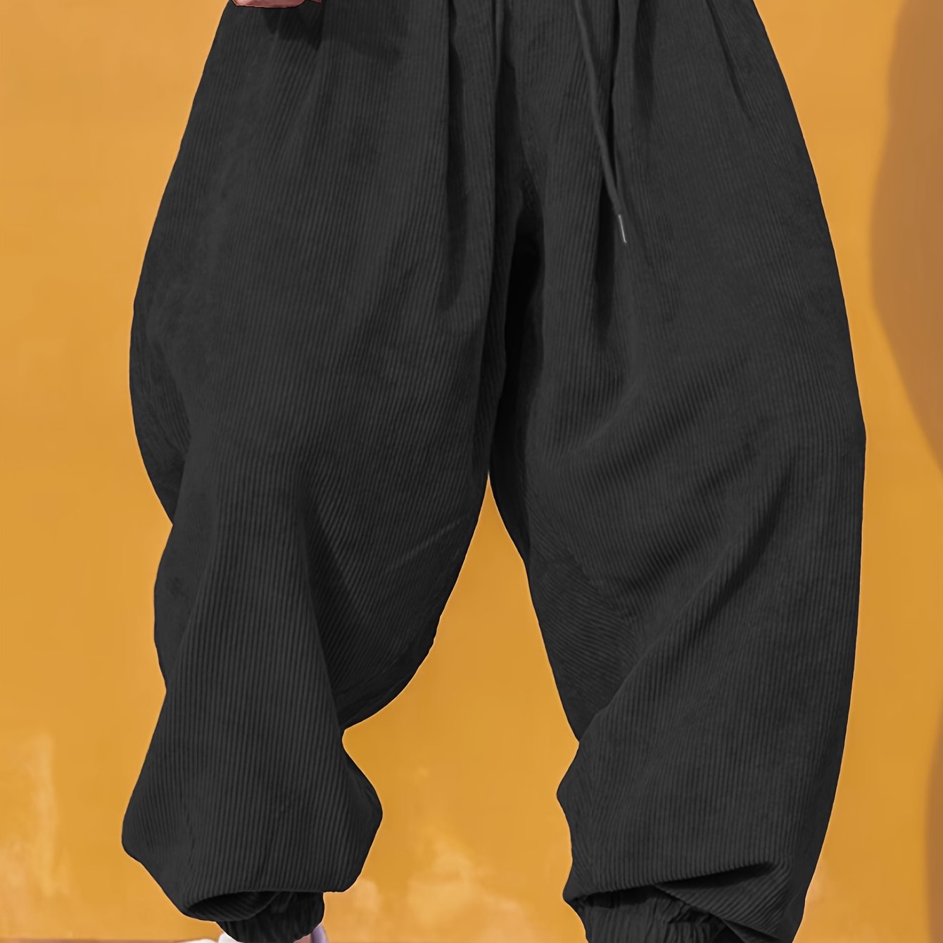 Men's Solid Color Loose Fit Corduroy Pants With Drawstrings, Casual Comfy Outdoor All-season Trousers As Gift