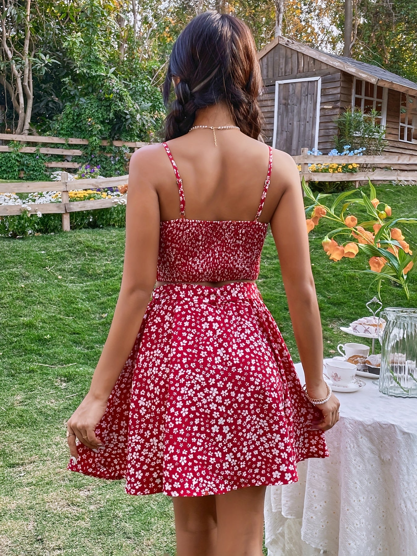 Spring/Summer Elegance: Ditsy Floral Crop Cami & Belted Skirt Set - Durable, Easy-Care Fabric, Ideal Comfort Fit