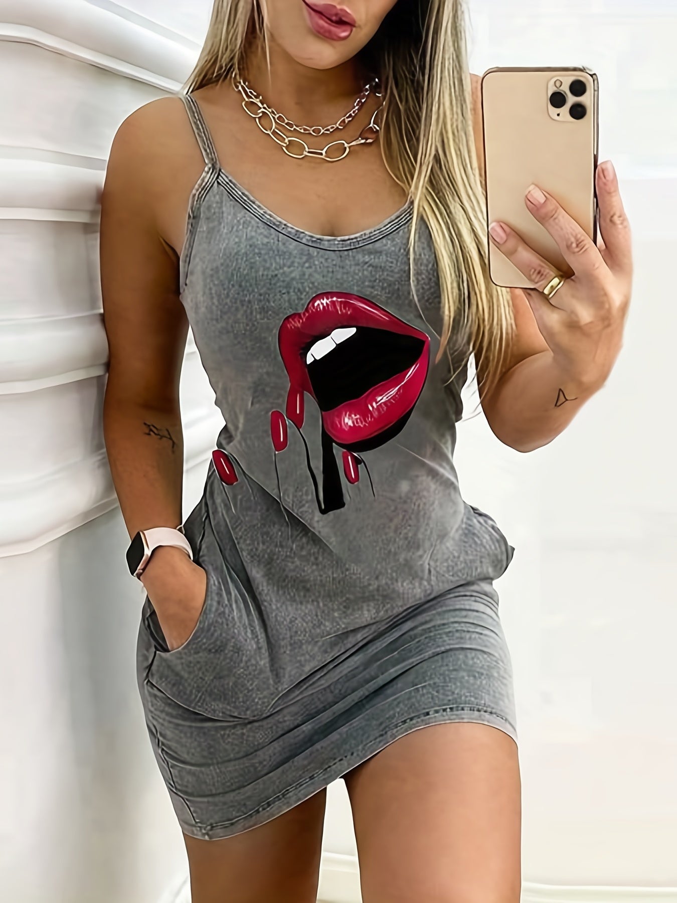 VAKKV Vibrant Rose Print Pocket Cami Dress for Women - Sleeveless, Micro Elasticity, Casual Summer Slip Dress with Spaghetti Strap - Polyester Knit Fabric, Positioning Printing