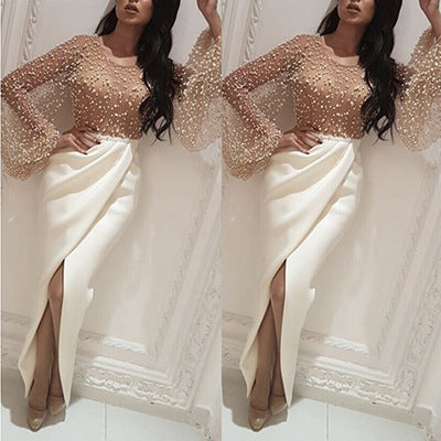 VSKKV 2020 Autumn New European and American Foreign Trade Women's Clothing Mesh See-through Batwing Sleeve Stitching One-Step Skirt New