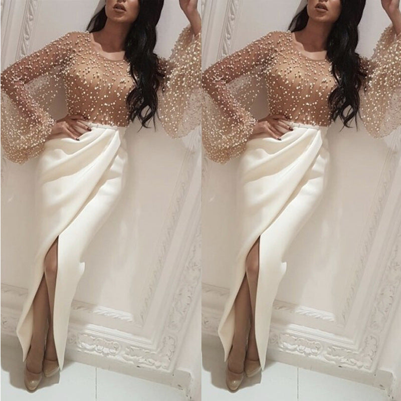 VSKKV 2020 Autumn New European and American Foreign Trade Women's Clothing Mesh See-through Batwing Sleeve Stitching One-Step Skirt New