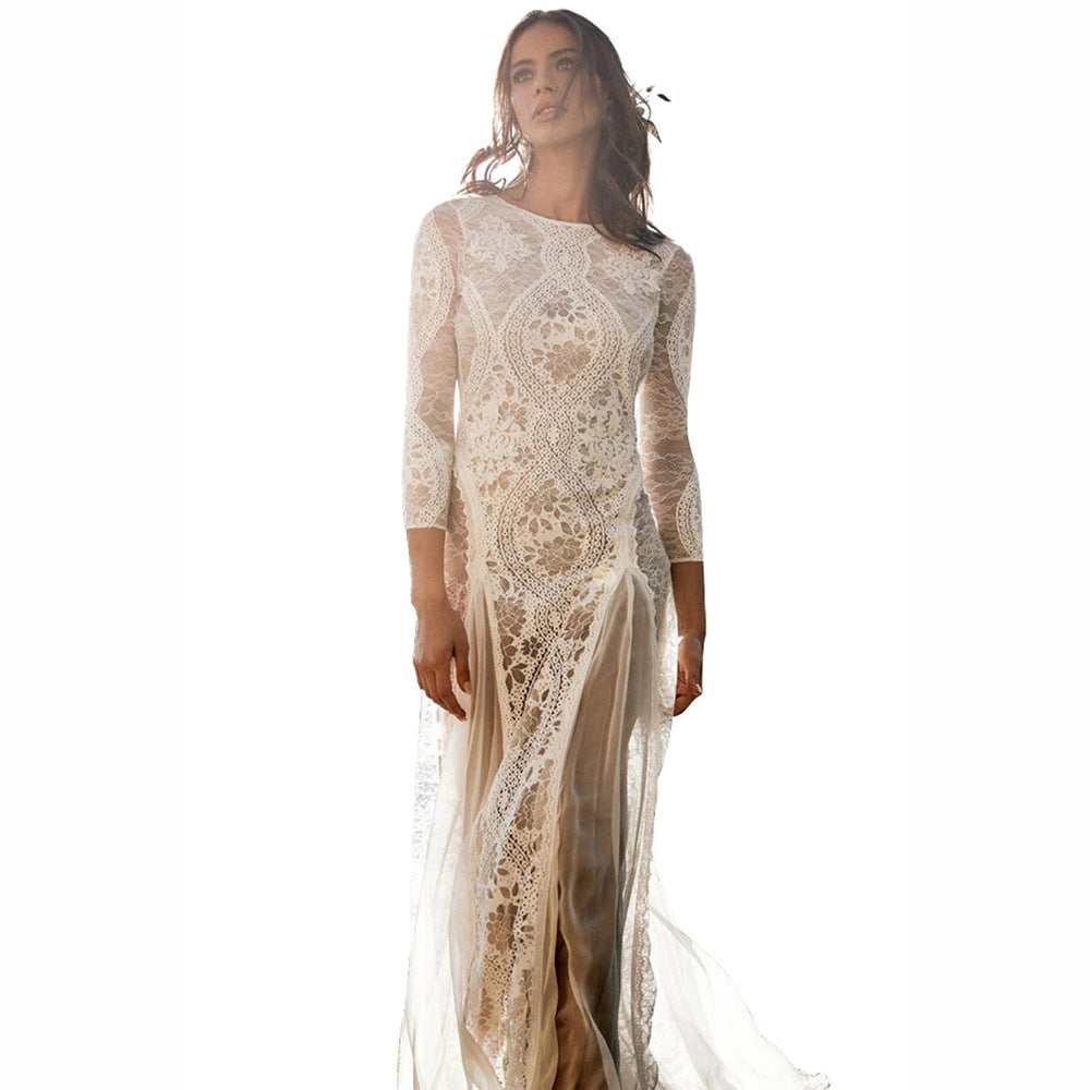 VAKKV Spring New European and American Women's Clothing Dress round Neck Long Sleeve Hollow Backless Lace Ladies Banquet Wedding Dress