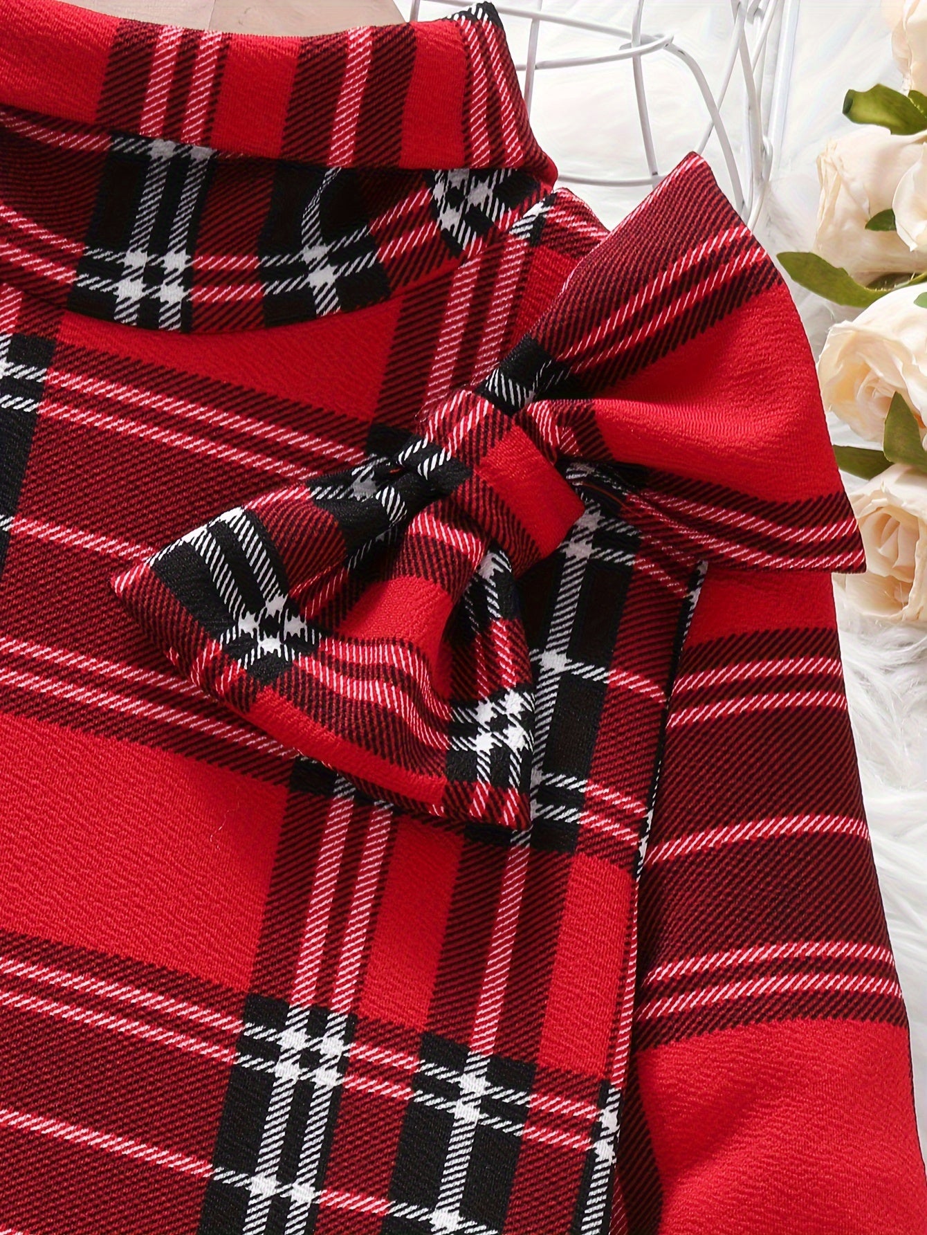 Charming Classic Plaid Long Sleeve Bow Decor Dress for Girls - Vintage-Inspired, Soft and Cozy, Perfect for Spring, Fall, Winter, and Christmas Gift Ideas