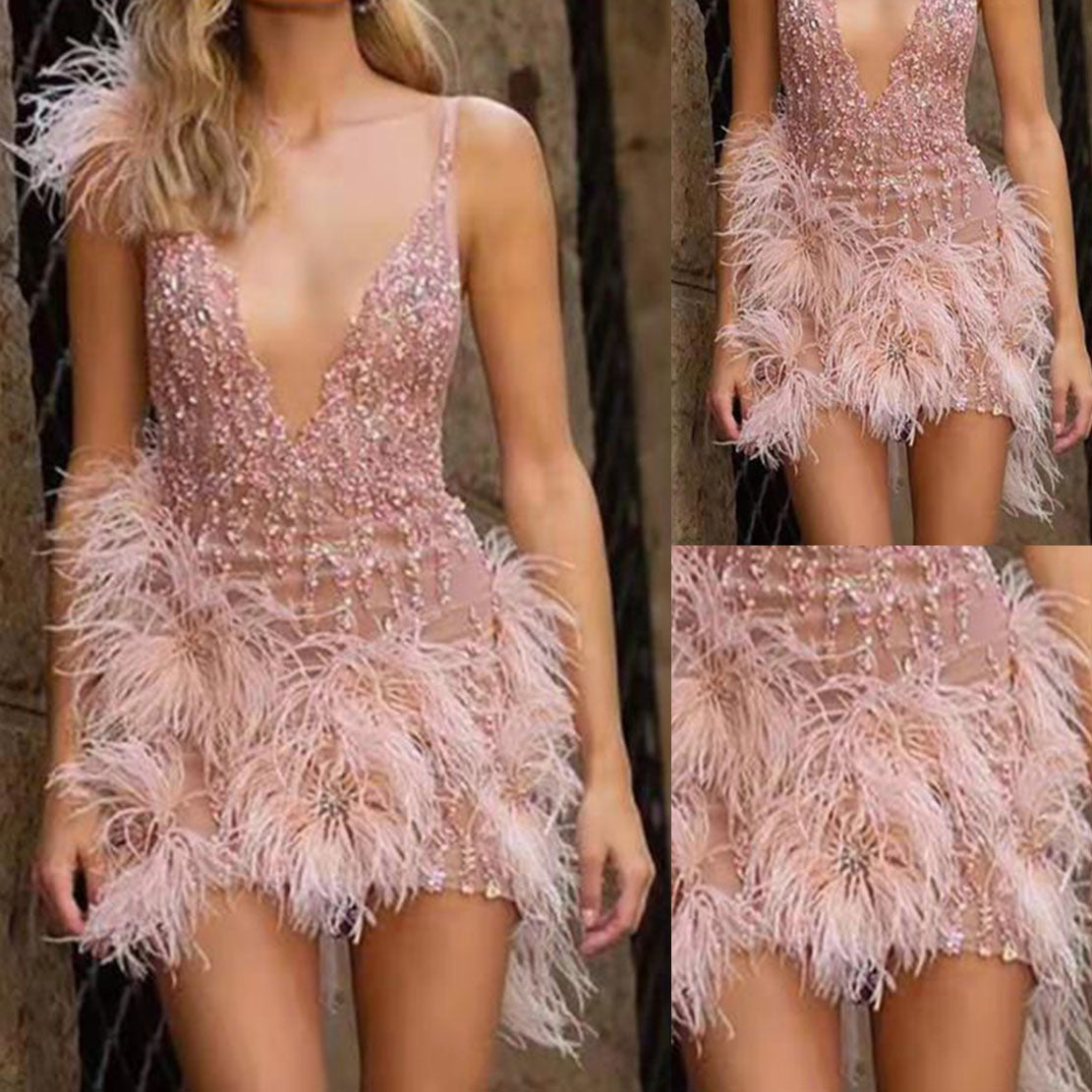 2025 New summer new 2025 women's clothing feather suspender dress deep V-neck sexy nightclub party, dress