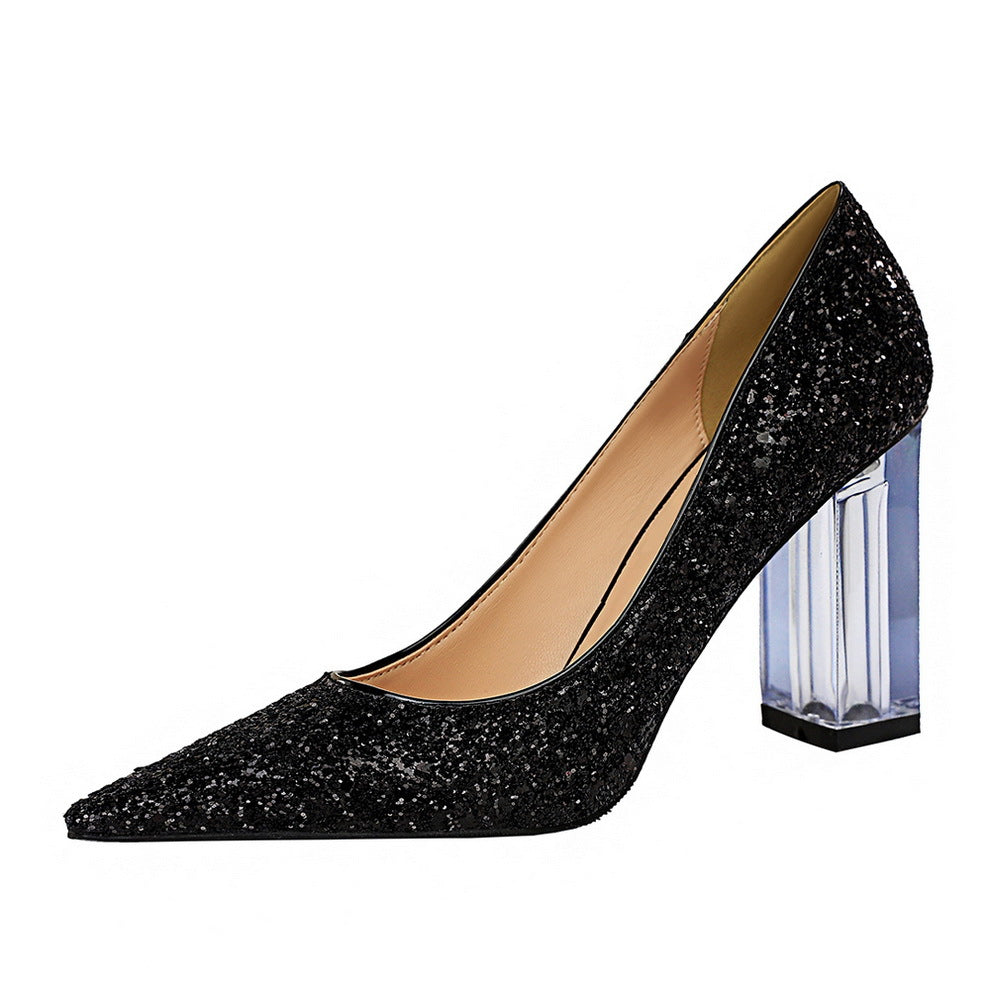 2025 9217-1 fashion transparent crystal heel thick heel high heel light mouth pointed head sexy nightclub shining sequined single shoes
