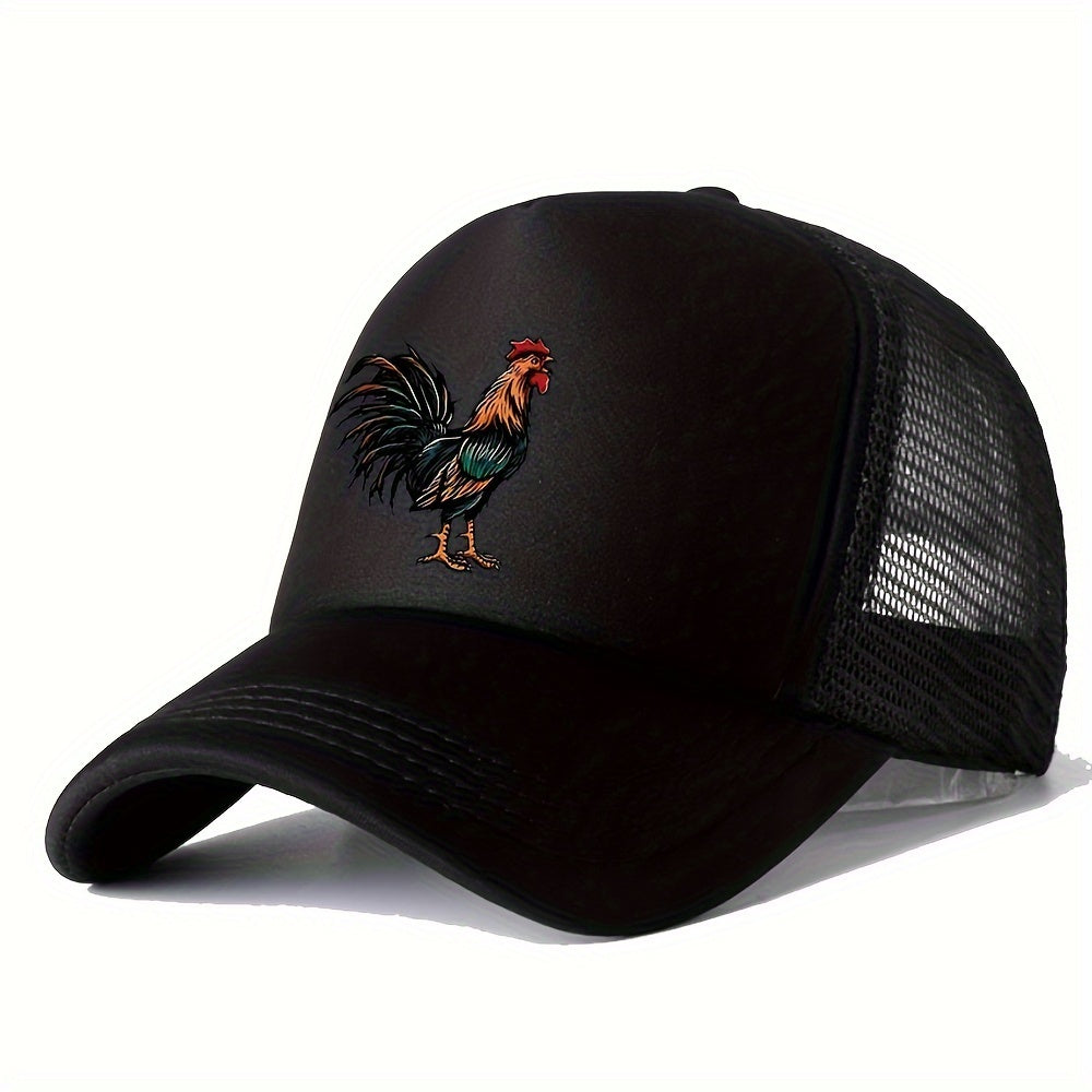 Retro Rooster Print Curved Brim Baseball Cap - Breathable Mesh Trucker Hat with Snapback Closure, Perfect for Casual Leisure Outdoor Sports, Unisex Fashion Accessory for Summer, Spring, and Fall