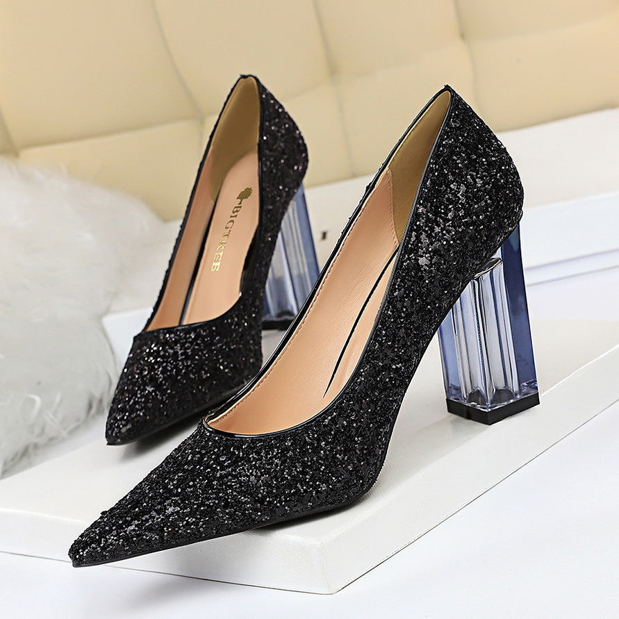 2025 9217-1 fashion transparent crystal heel thick heel high heel light mouth pointed head sexy nightclub shining sequined single shoes