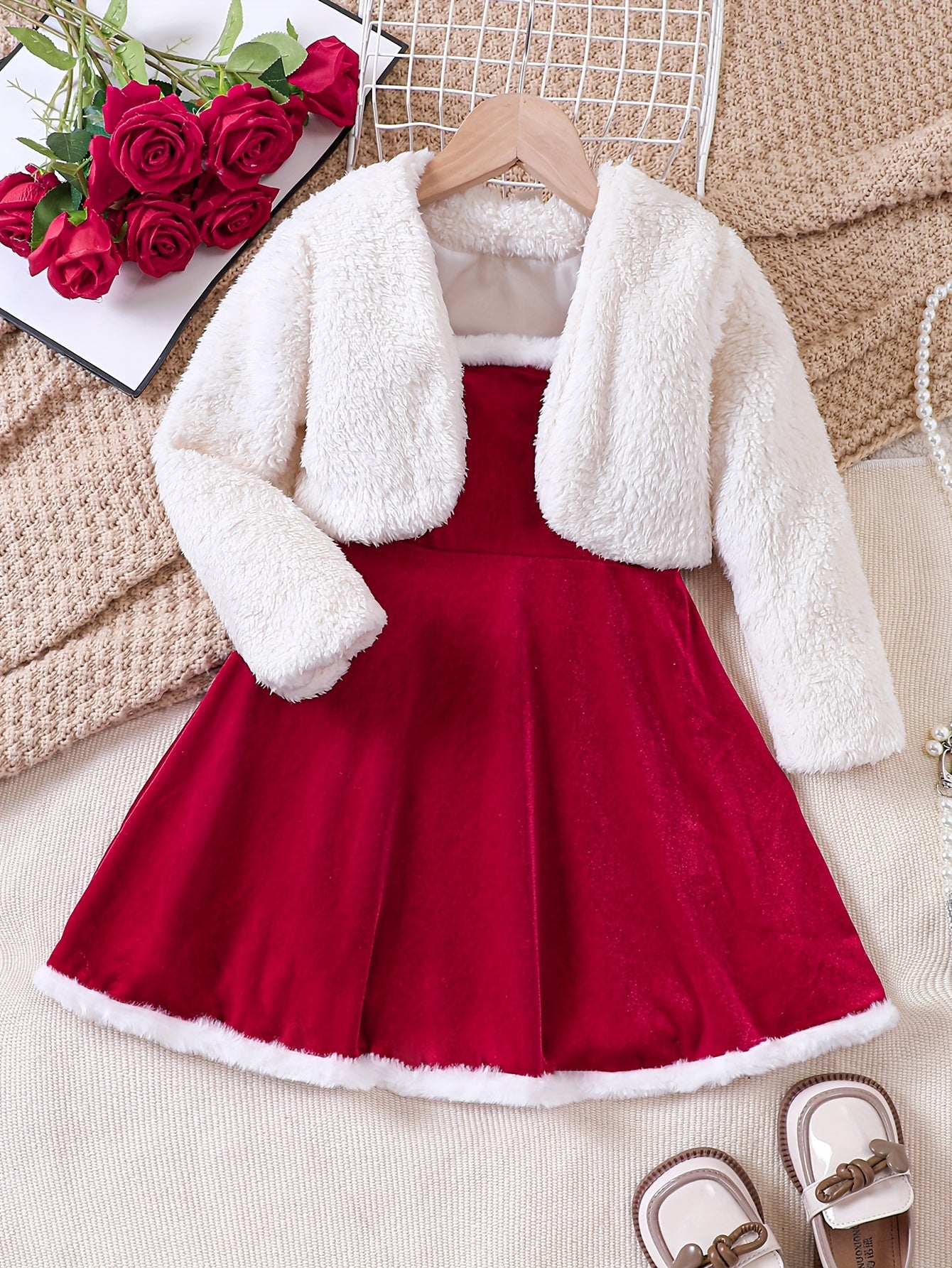 2pcs Plush Long Sleeve Cardigan + Cami Dress Set, Comfy Outfits For Girls, Spring Fall Winter Christmas Gift