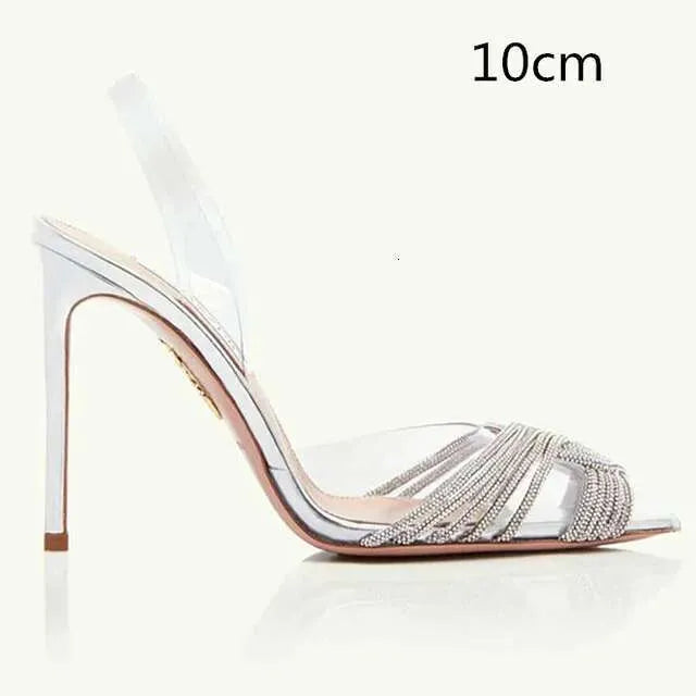 Summer New Women's Roman Rear Strap Pumps Transparent Baotou Rhinestone Pointed Toe High Heels Ultra-High Stiletto Heel Kq8