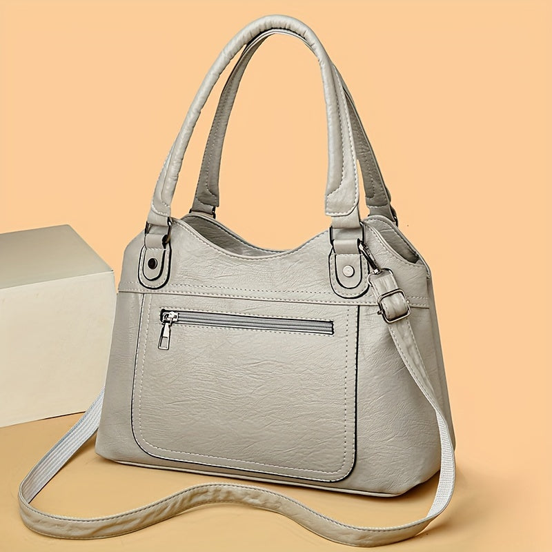 Women's Large Capacity Tote Bag, Vintage Style, Waterproof and Theft-Proof, Solid Color, Casual Versatile Handbag with Adjustable Strap, Zipper Closure, Polyester Lining, Faux Leather, No Print, No Edge Oil, Black